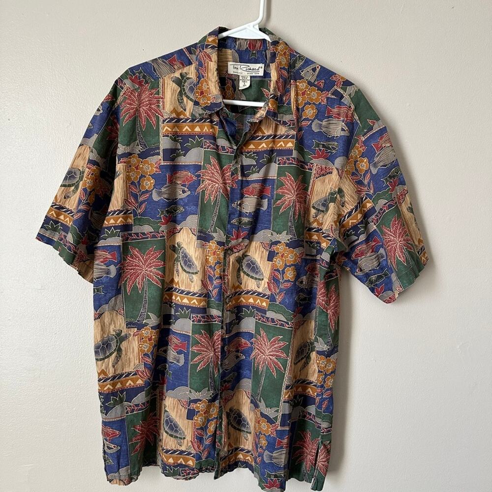 Tori Richard Men L Hawaiian Shirt Cotton Lawn Marquises Sea Turtle Fish USA Made